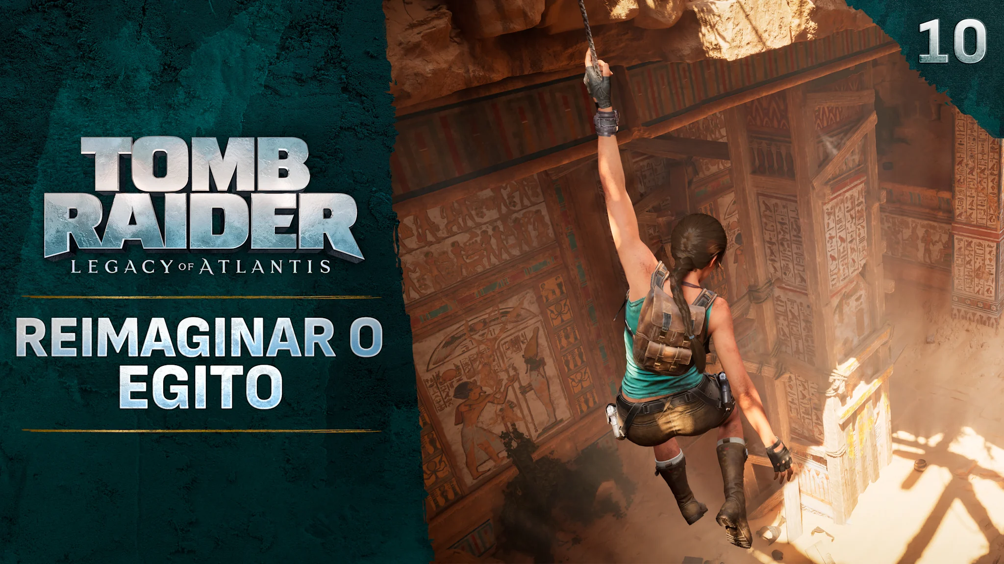 Imagem em miniatura com uma aventureira descendo ao interior de um antigo templo egípcio banhado pela luz do sol, com colunas esculpidas. O texto “Reimaginar o Egito” aparece à esquerda ao lado do logotipo de Tomb Raider: Legacy of Atlantis.