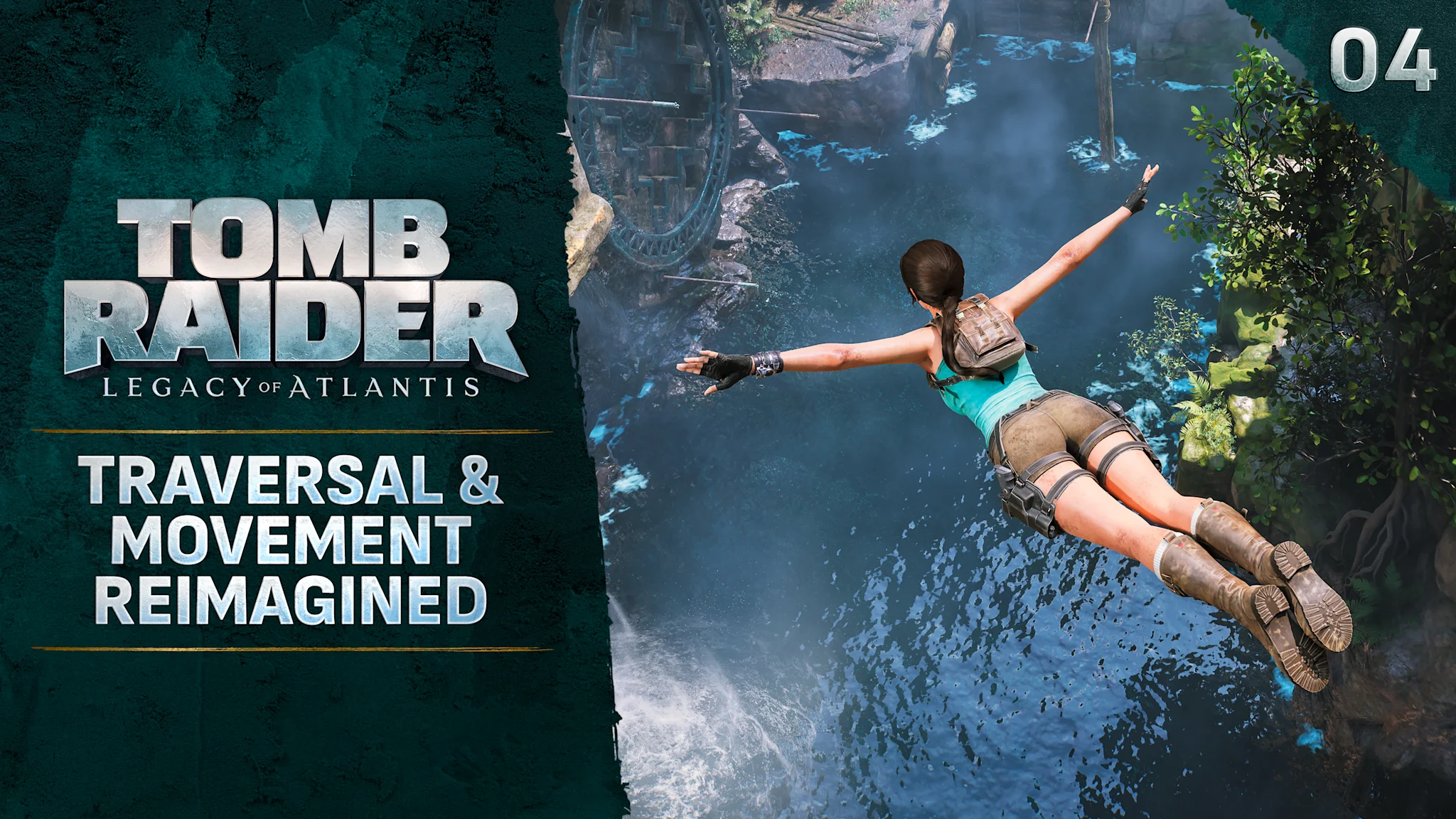 Female adventurer diving into body of water. The title "Tomb Raider: Legacy of Atlantis - Traversal & Movement Reimagined" appears on the left side of the image.