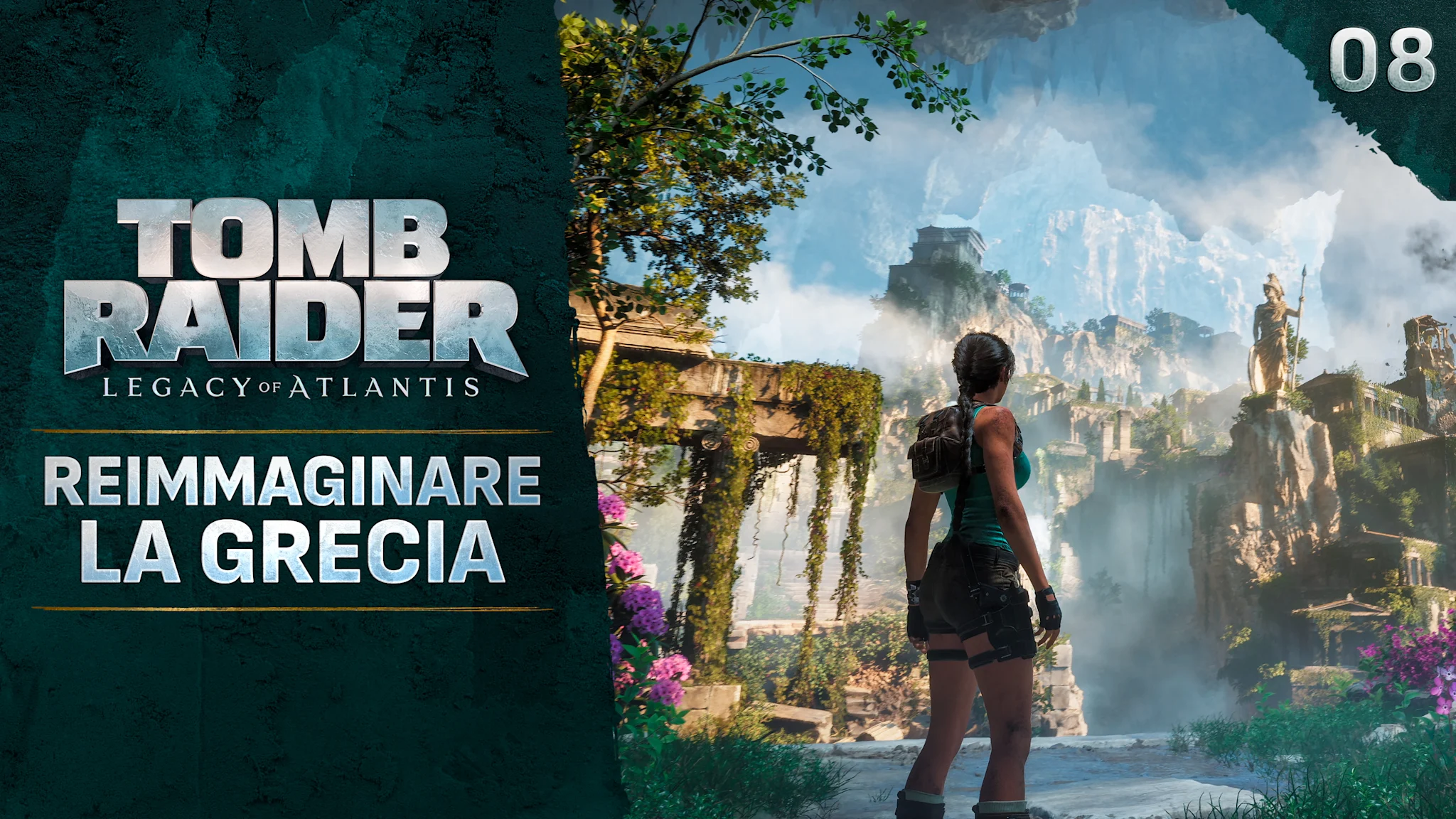 Vignette où une aventurière se tient face à une grande vallée parsemée de tours et de statues en ruines, ainsi que de montagnes embrumées. Le texte "Réinterpréter la Grèce" apparaît à gauche à côté du logo de Tomb Raider: Legacy of Atlantis.