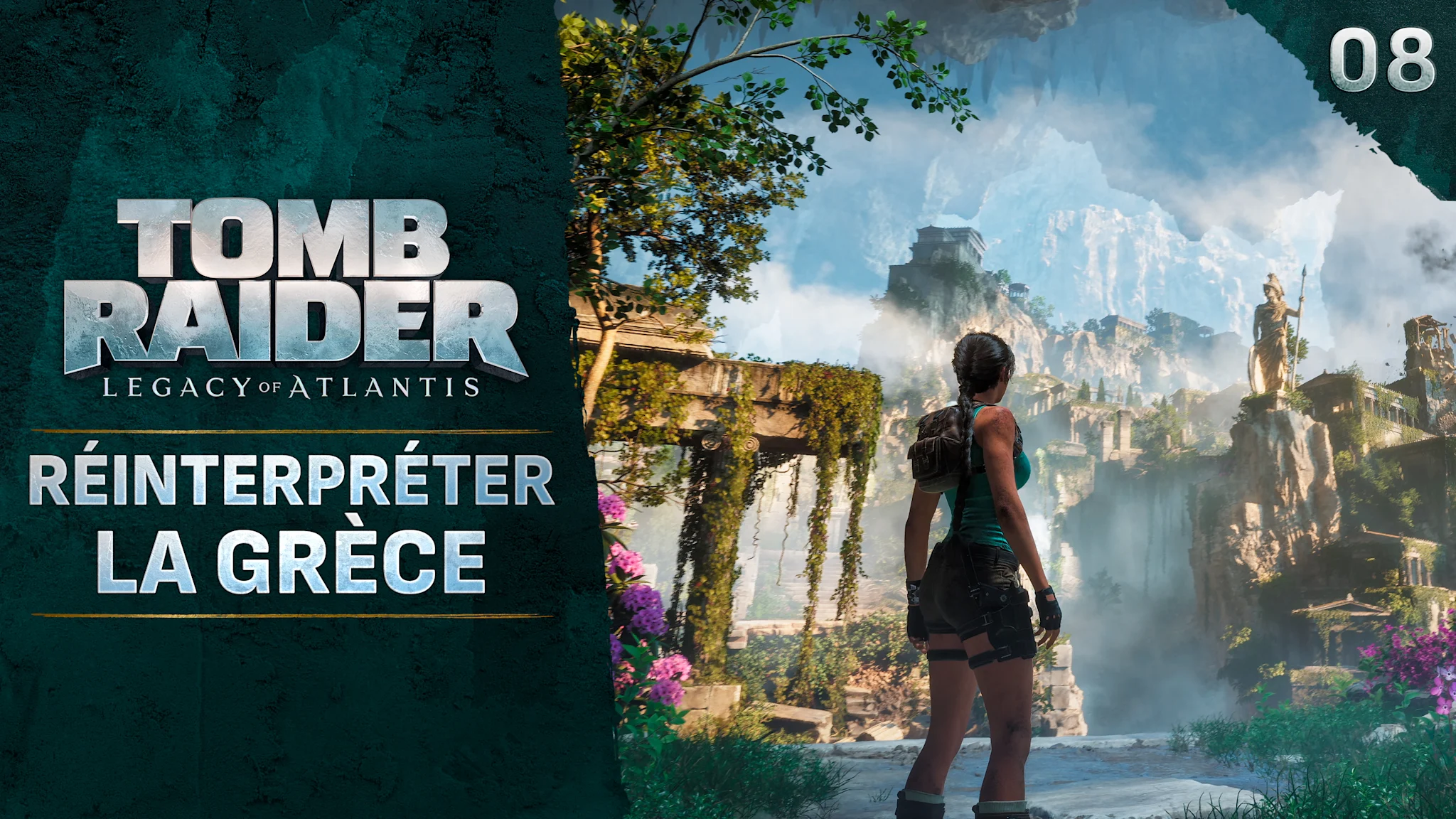Vignette où une aventurière se tient face à une grande vallée parsemée de tours et de statues en ruines, ainsi que de montagnes embrumées. Le texte "Réinterpréter la Grèce" apparaît à gauche à côté du logo de Tomb Raider: Legacy of Atlantis.