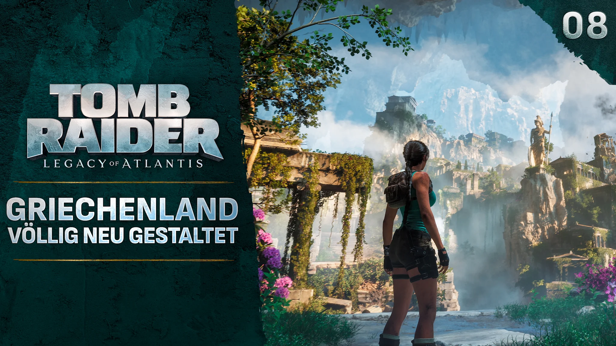 Miniaturbild mit Abenteurerin über einem Tal voller antiker Ruinen, verfallener Türme, Statuen und nebliger Berge. Links ist neben dem Logo von Tomb Raider: Legacy of Atlantis der Text „Griechenland völlig neu gestaltet“ zu sehen.