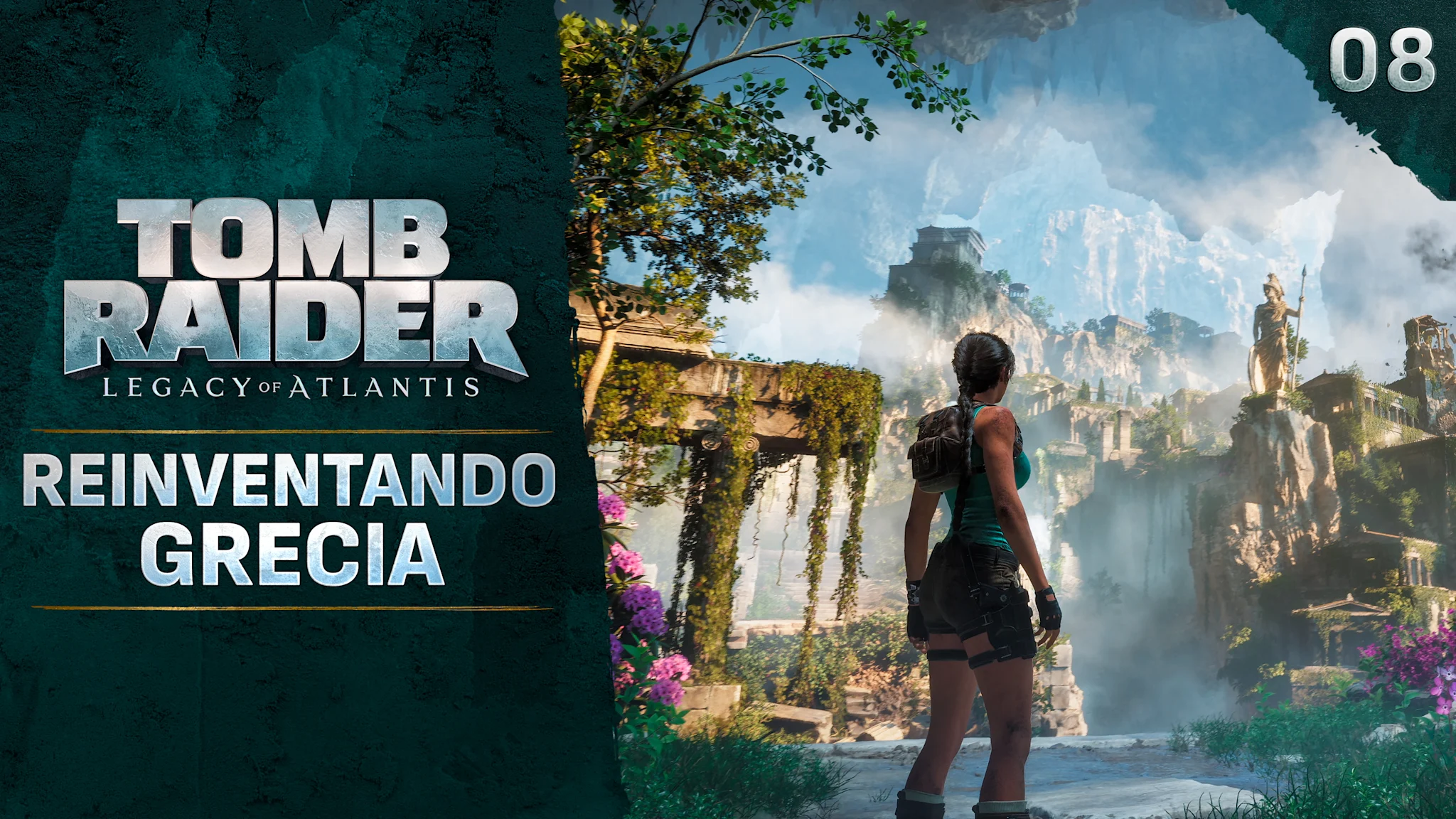 Imagen de miniatura con una aventurera que observa un valle con grandes ruinas antiguas, torres derruidas, estatuas y montañas brumosas.  A la izquierda aparece el texto «Reimagining Greece» junto al logo de Tomb Raider: Legacy of Atlantis.