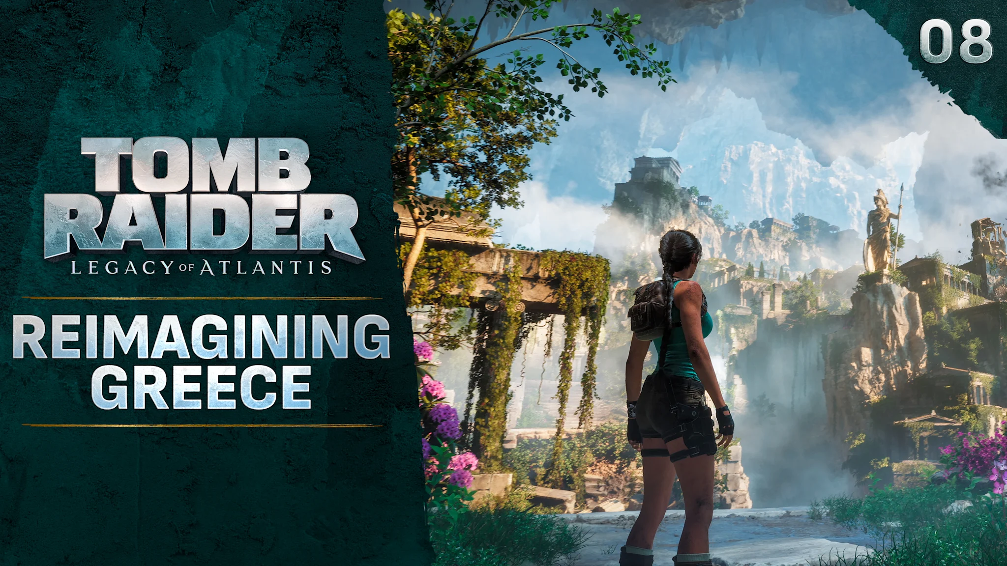 Thumbnail image featuring a female adventurer overlooking a valley of vast ancient ruins with crumbling towers, statues, and misty mountains. The text "Reimagining Greece" appears to the left alongside the Tomb Raider: Legacy of Atlantis logo.
