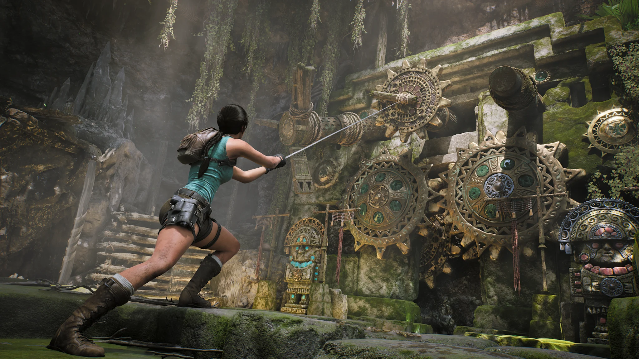 Female adventurer using a grappling hook to manipulate large mechanical gears in an ancient jungle temple ruin.
