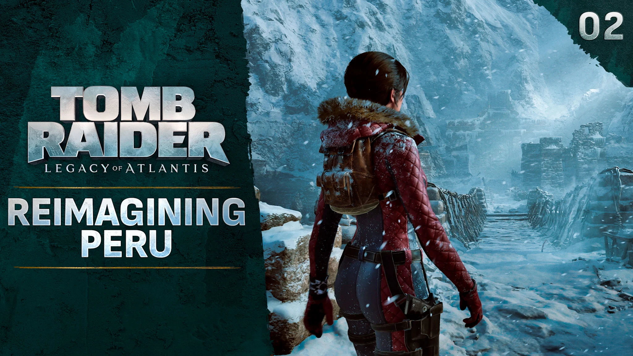Female adventurer stands in a blizzard facing a wooden rope bridge leading to crumbling stone ruins nestled in an icy mountain canyon. The title "Reimagining Peru" appears on the image.