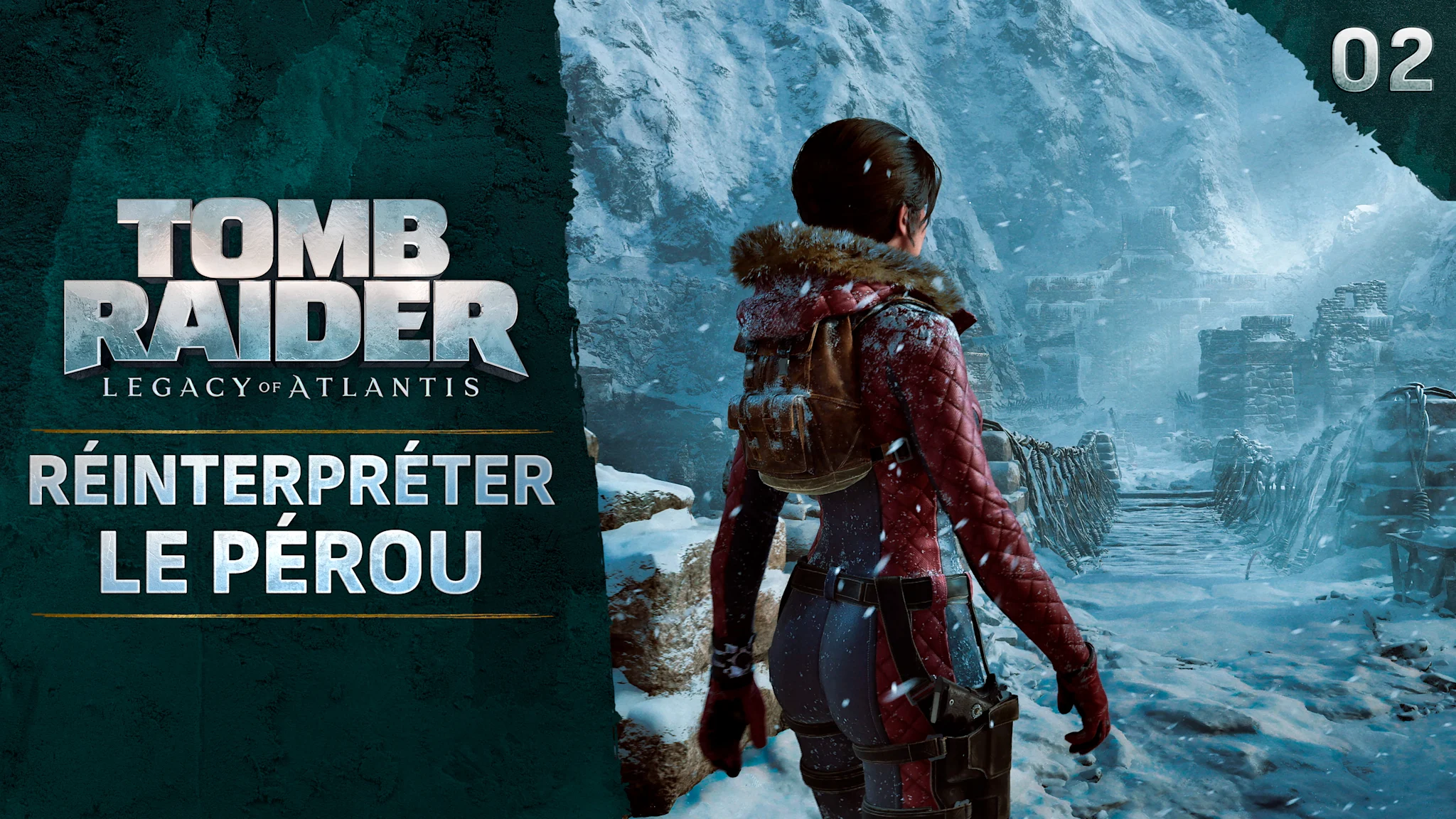 Dans un blizzard, une aventurière se tient face à un pont de cordes en bois menant à des ruines en pierre logées dans un canyon enneigé. Le titre « RÉINTERPRÉTER LE PÉROU » apparaît sur l'image.