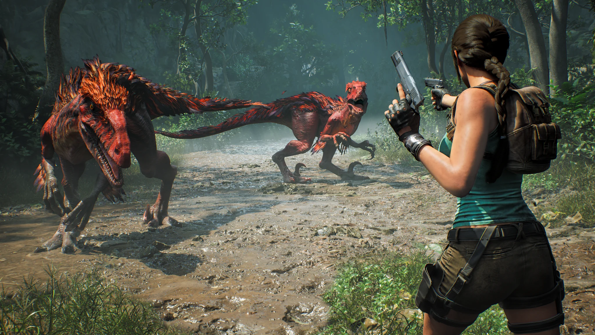 Female adventurer wielding two pistols facing off against two raptor dinosaurs in a misty, dense jungle forest combat encounter.