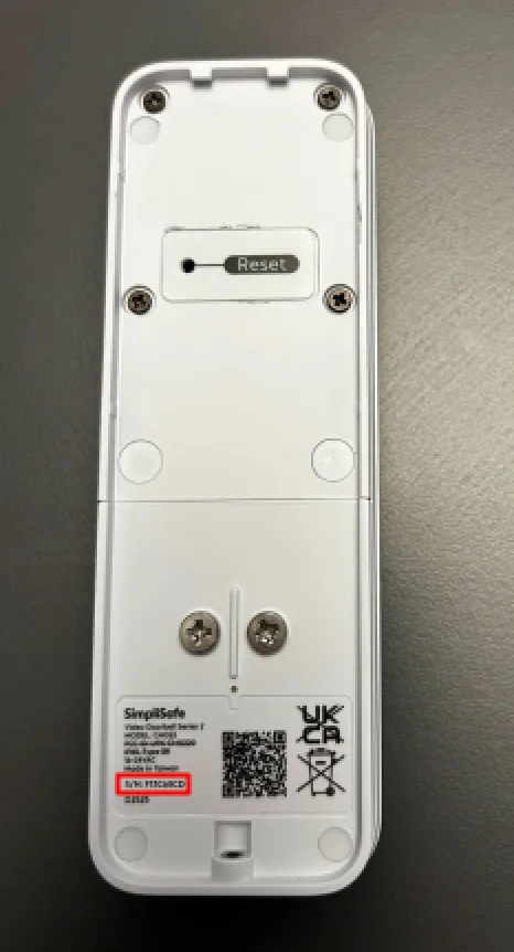 The serial number for the Video Doorbell Series 2 is located on the bottom left corner of the back of the device