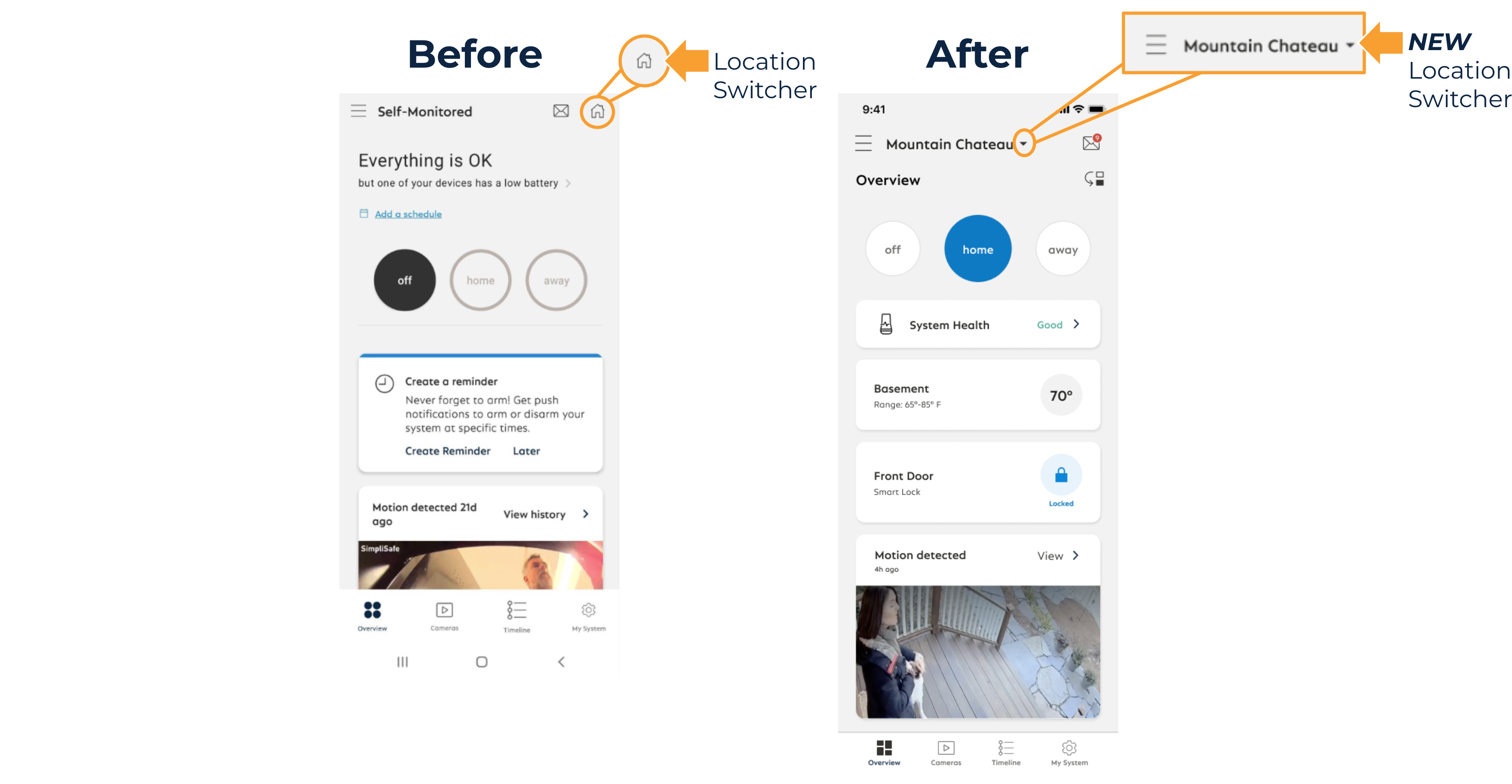 A before and after view of the Overview page in the SimpliSafe® Mobile App, with an arrow highlighting the new location switcher dropdown.