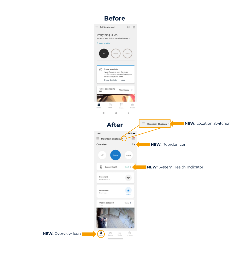 A side-by-side view of the Overview screen in the SimpliSafe® Mobile App that displays the calls out the new Location Switcher, Recorder, System Health, and Overview icons.