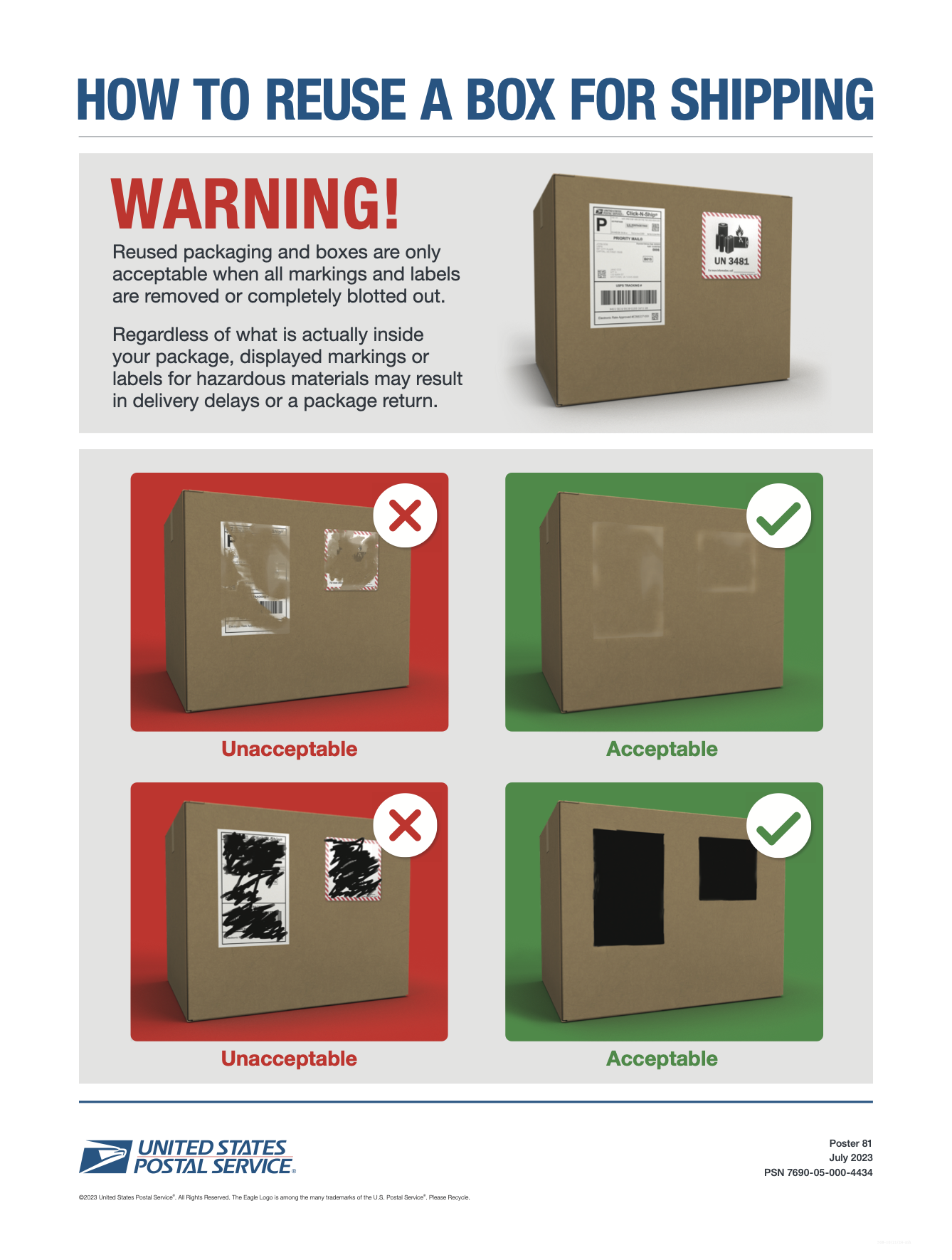 A guide from the United States Postal Service displaying how to fully remove or cover previous shipping labels from old boxes. When reusing a box to send a return, you must completely remove any old shipping labels that were once on the box, or use a marker and fully cover the old labels.