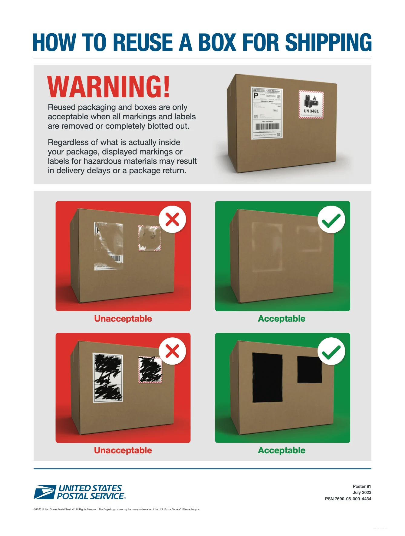 A guide from the United States Postal Service displaying how to fully remove or cover previous shipping labels from old boxes. When reusing a box to send a return, you must completely remove any old shipping labels that were once on the box, or use a marker and fully cover the old labels.