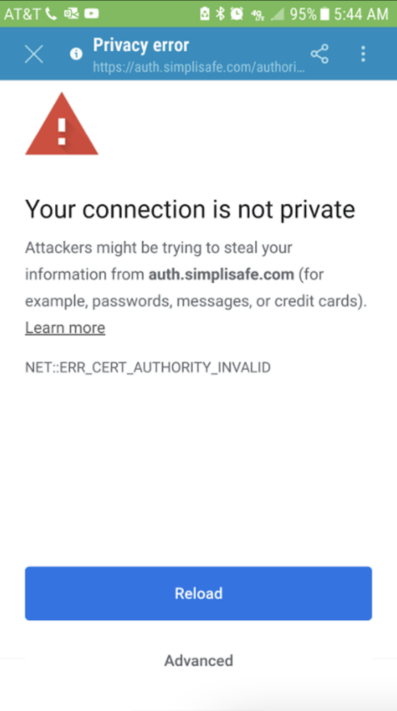 A screenshot from the SimpliSafe® mobile app with the app error "Your connection is not private"