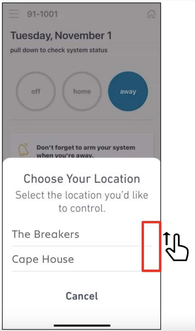The Choose Your Location screen in the SimpliSafe® Mobile App, with an arrow pointing to the right edge of the screen directing you where to scroll to see your locations.