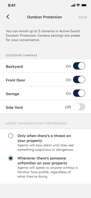 The Outdoor Protection settings screen within the SimpliSafe® Mobile App. Here, you can enroll cameras into Active Guard Outdoor Protection and customize your agent communication preferences.