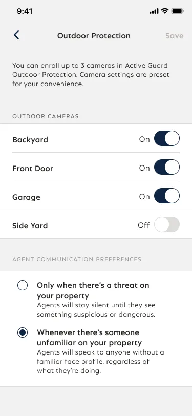 The Outdoor Protection settings screen within the SimpliSafe® Mobile App. Here, you can enroll cameras into Active Guard Outdoor Protection and customize your agent communication preferences.