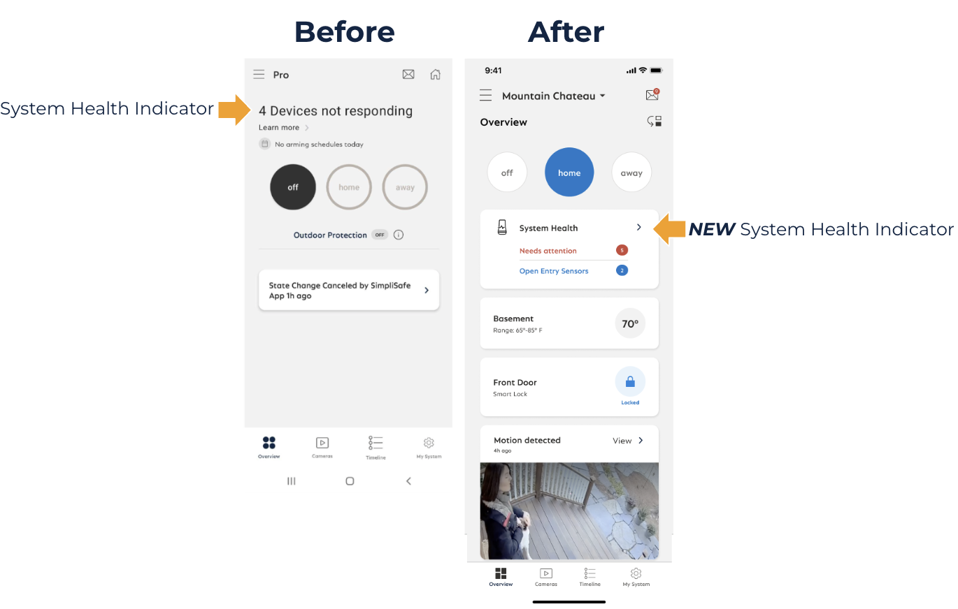 A before and after view of the new Overview page in the SimpliSafe® Mobile App, calling out the updated System Health indicator.