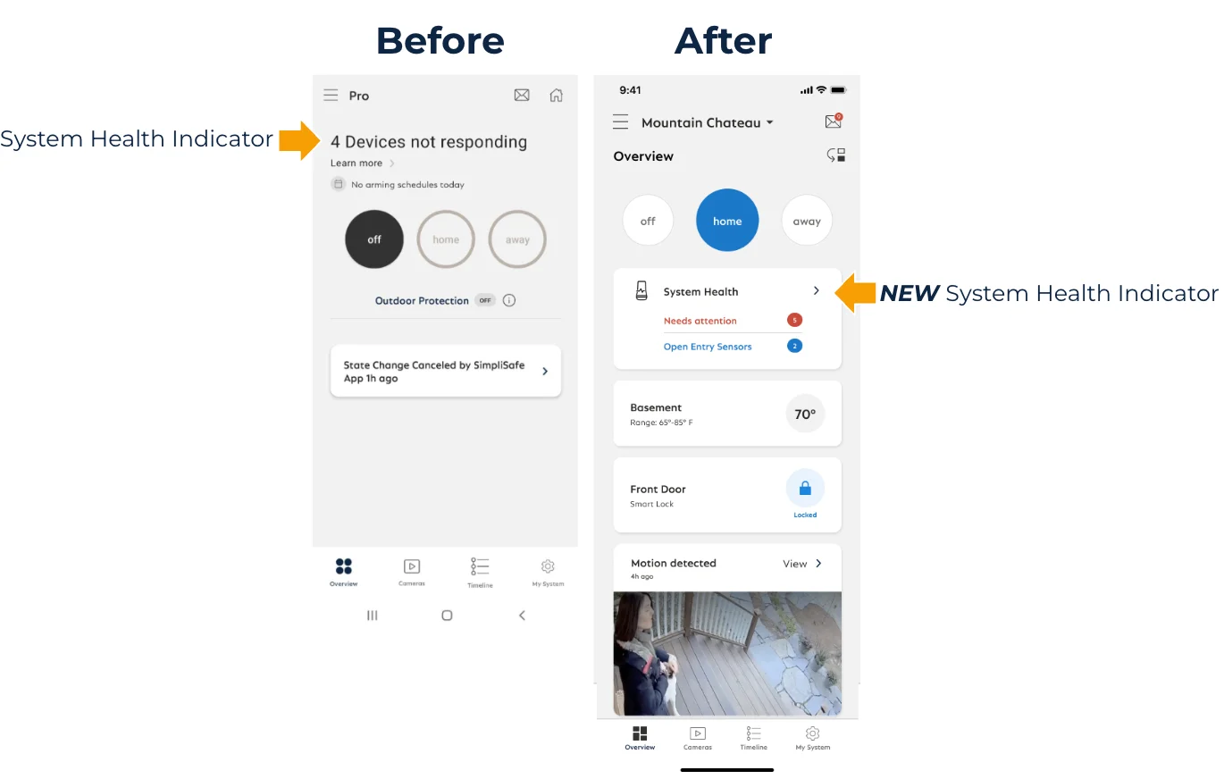 A before and after view of the new Overview page in the SimpliSafe® Mobile App, calling out the updated System Health indicator.