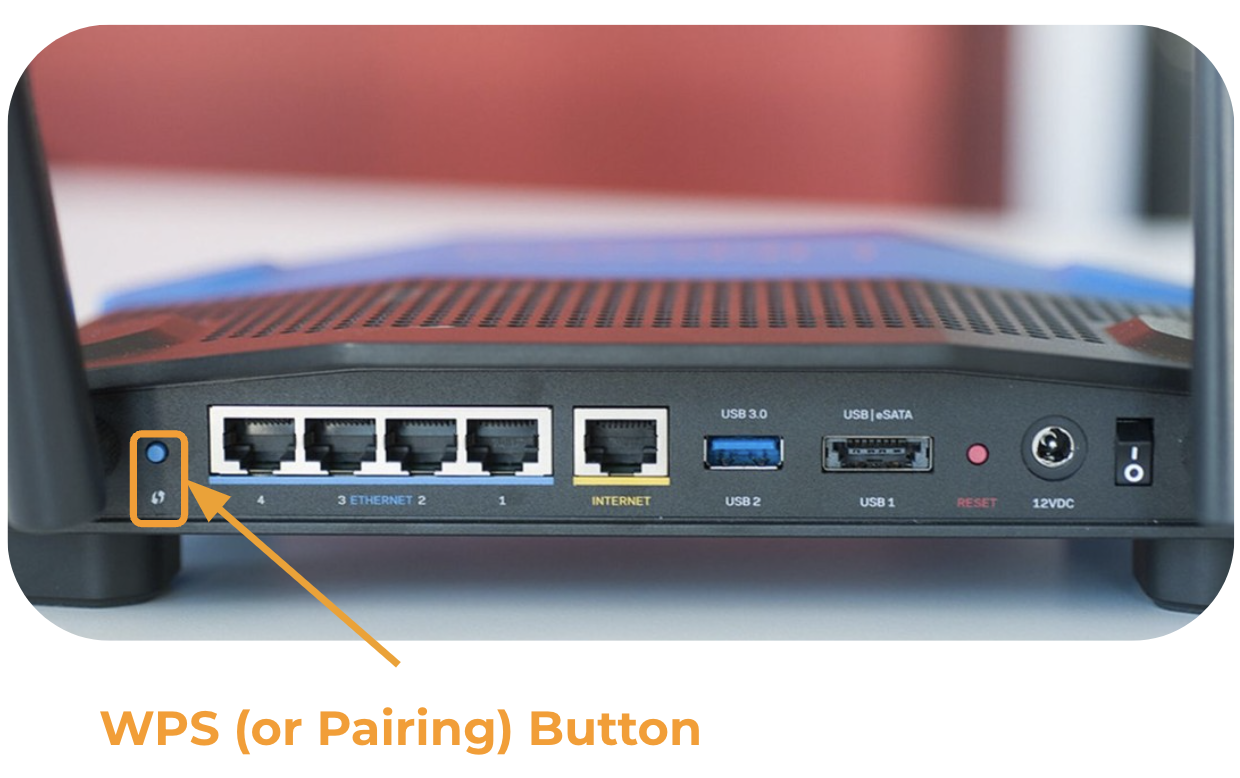 An orange box highlighting the WPS button on the back of a router.