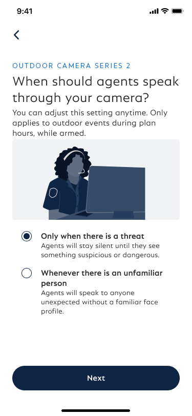 The Two-Way Audio for Active Guard Outdoor Protection screen in the SimpliSafe® mobile app.