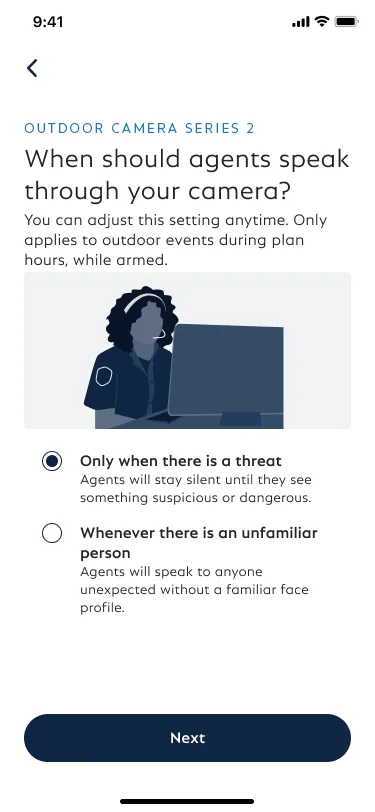 The Two-Way Audio for Active Guard Outdoor Protection screen in the SimpliSafe® mobile app.