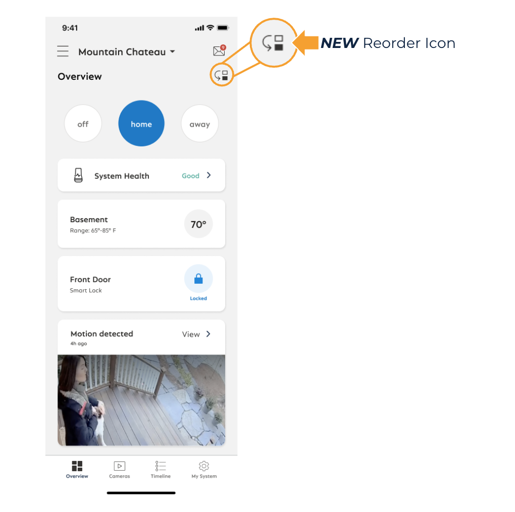 A screenshot of the Overview page in the SimpliSafe® Mobile App, with an arrow highlighting the new reorder icon.