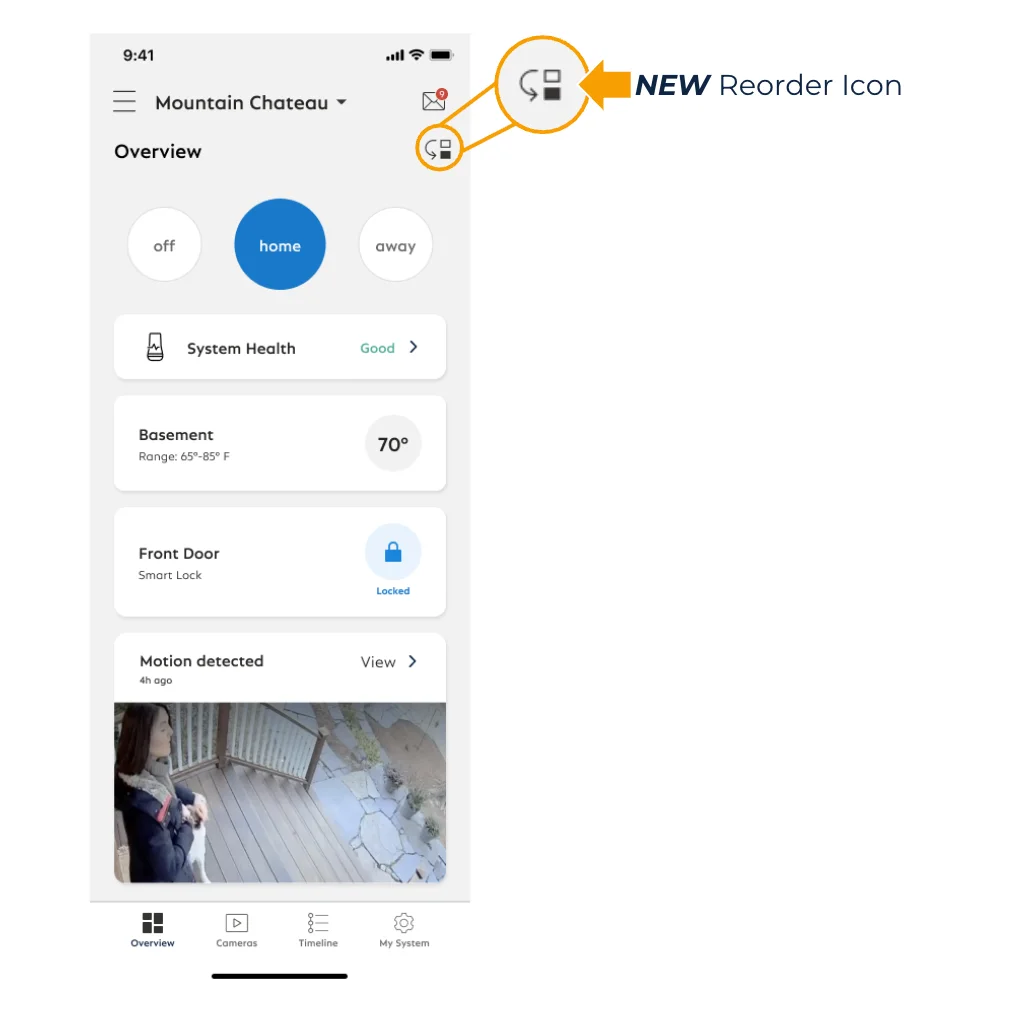 A screenshot of the Overview page in the SimpliSafe® Mobile App, with an arrow highlighting the new reorder icon.