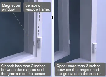 The Original SimpliSafe® Entry Sensor on a swinging window, where the sensor is on the window frame and the magnet is on the swinging window.