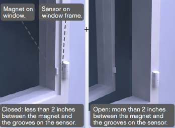 The Original SimpliSafe® Entry Sensor on a swinging window, where the sensor is on the window frame and the magnet is on the swinging window.