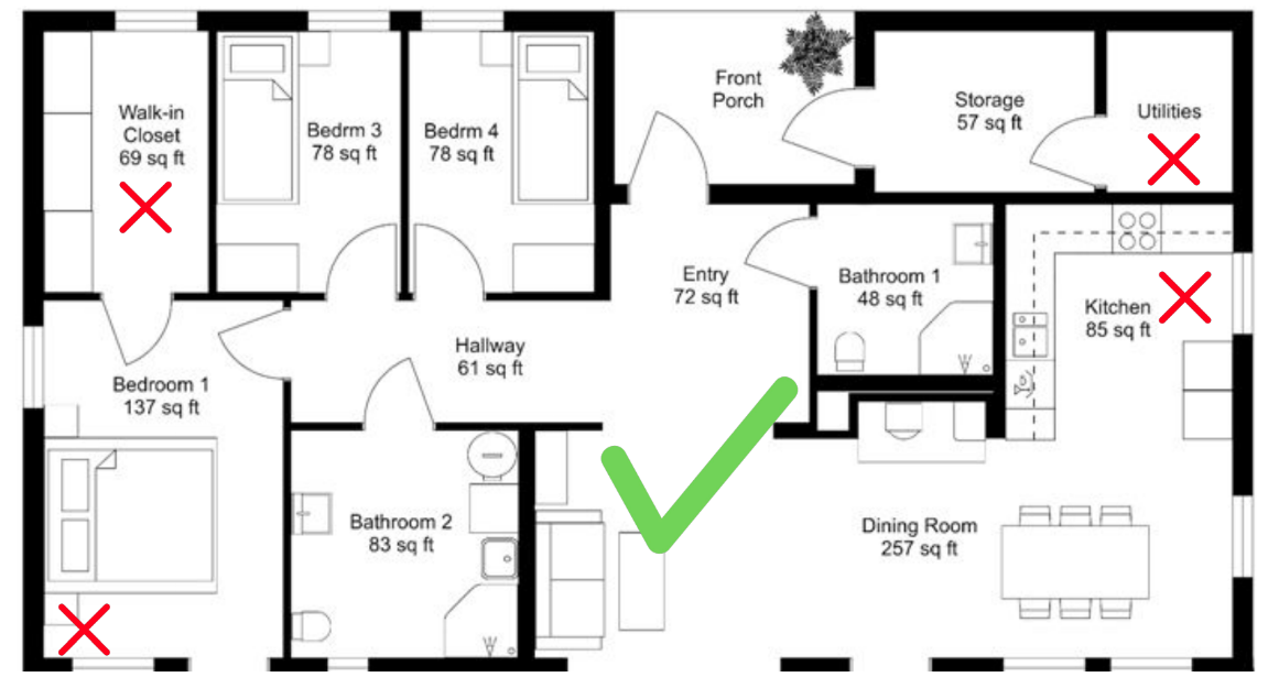 A floorplan of a home, highlighting the areas where you should, and should not, install the Base Station.