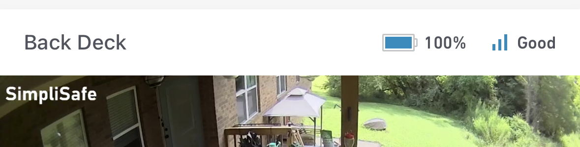 Camera screen of SimpliSafe® App with WiFi signal strength listed as "Good"