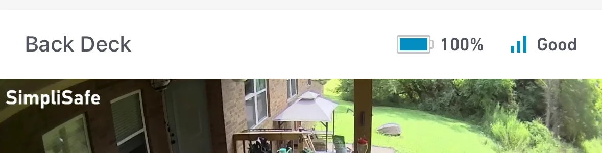 Camera screen of SimpliSafe® App with WiFi signal strength listed as "Good"