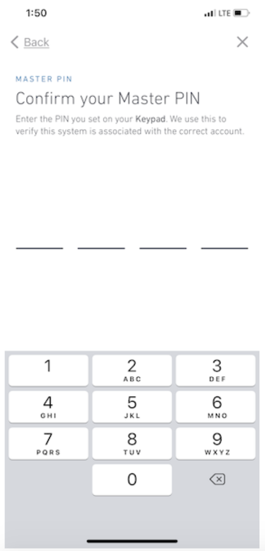 Confirm Master PIN screen on SimpliSafe® mobile app
