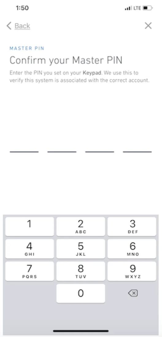 Confirm Master PIN screen on SimpliSafe® mobile app