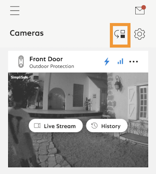 The Cameras tab in the SimpliSafe® App, with an orange box highlighting the Reorder Cameras icon located on the top right corner of the app.