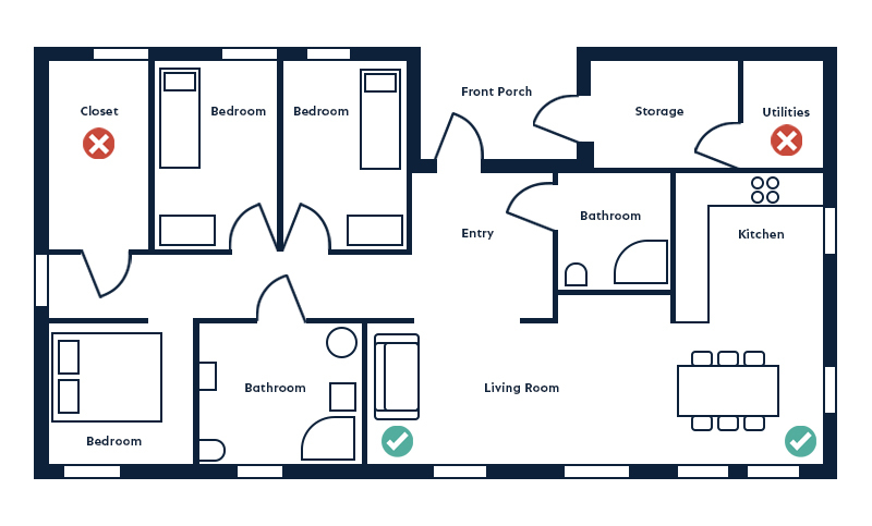 A floorplan of a home, highlighting the rooms we recommend placing the Smart Alarm Wireless Indoor Security Camera.
