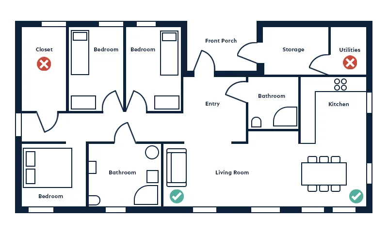 A floorplan of a home, highlighting the rooms we recommend placing the Smart Alarm Wireless Indoor Security Camera.