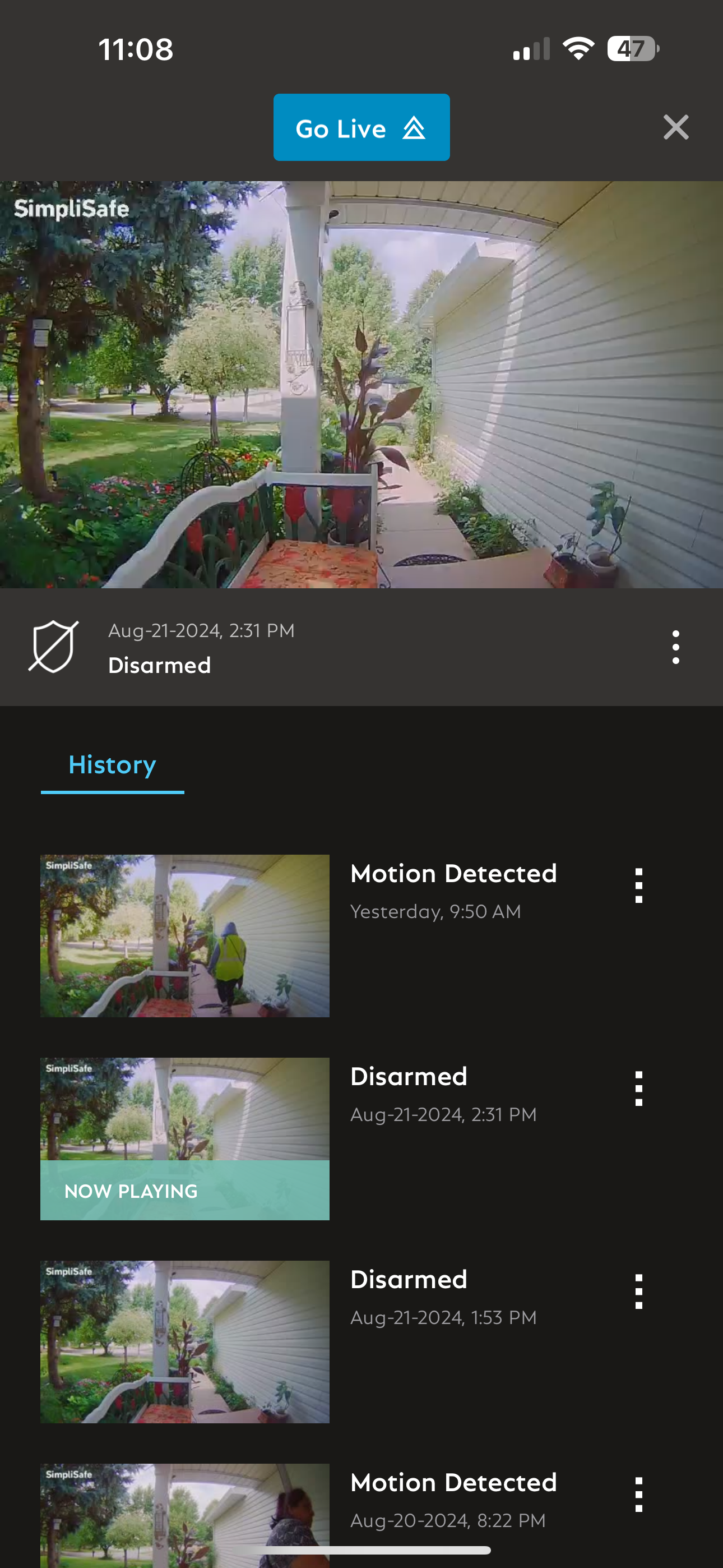 The recording history timeline for a SimpliSafe® camera in the SimpliSafe® Mobile App.