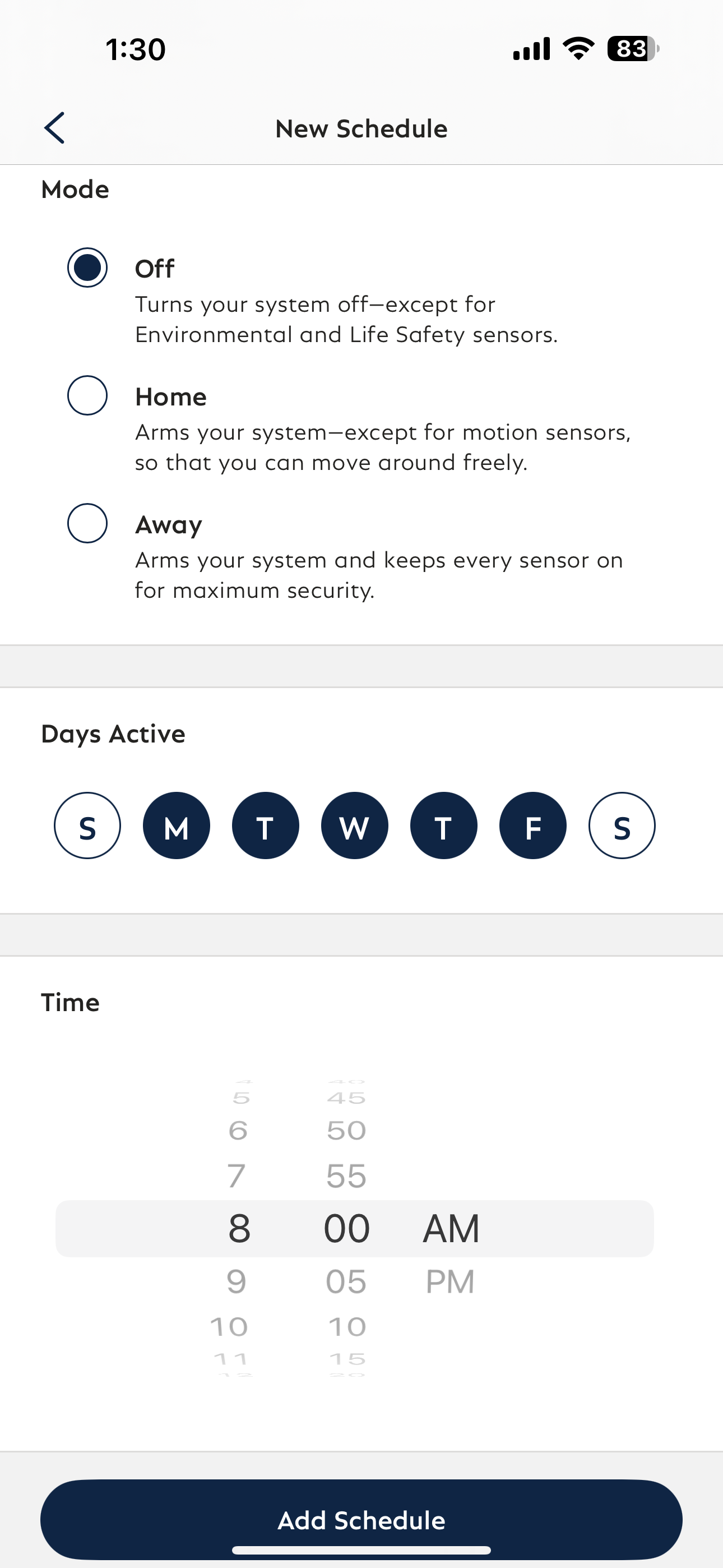 The scheduled arming screen within the SimpliSafe® App, setting a system to turn off Monday through Friday at 8am.