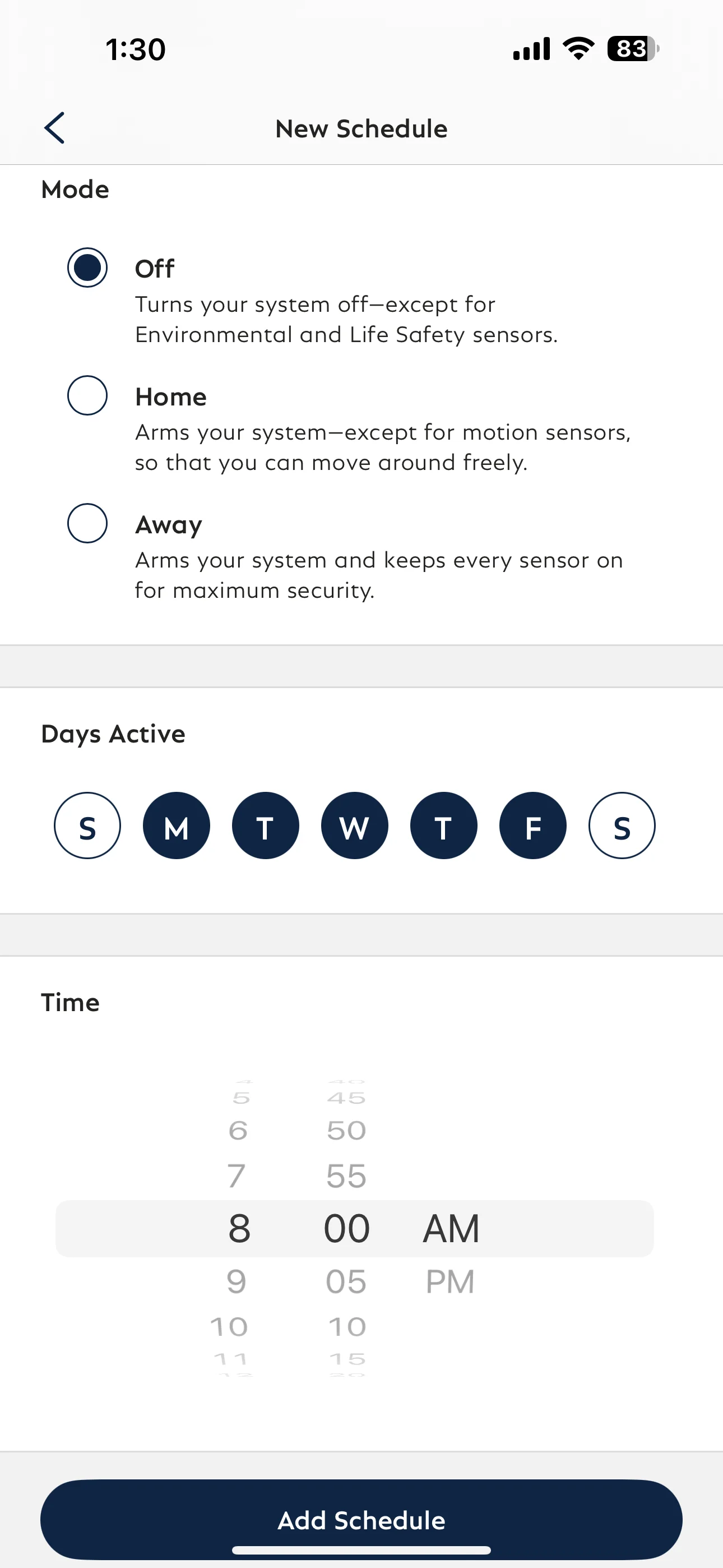 The scheduled arming screen within the SimpliSafe® App, setting a system to turn off Monday through Friday at 8am.