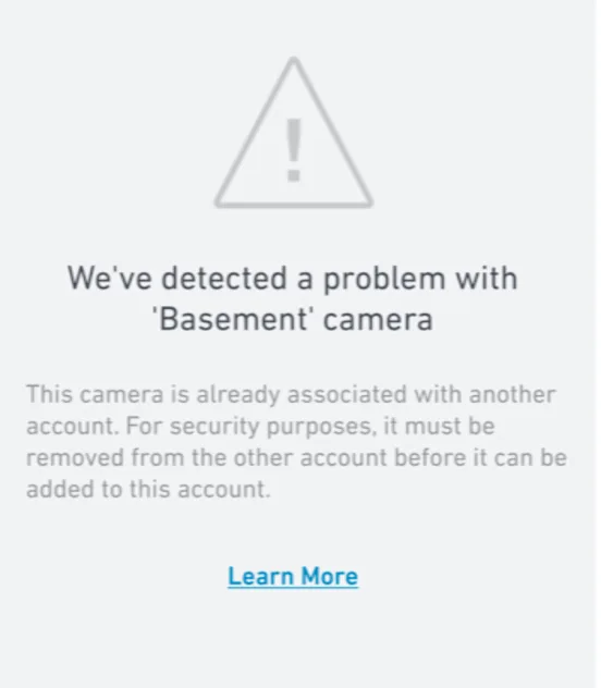 We've detected a problem with camera - camera is already associated with another account error display
