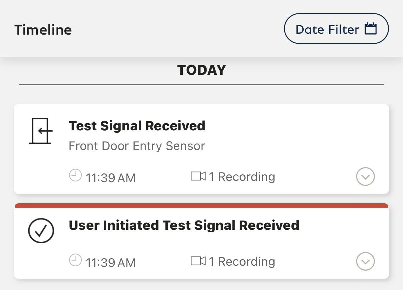 An example of the Entry Sensor showing up in the timeline when using Test Mode. To confirm the system is in Test Mode, the timeline reads will read - User Initiated Test Signal Received.