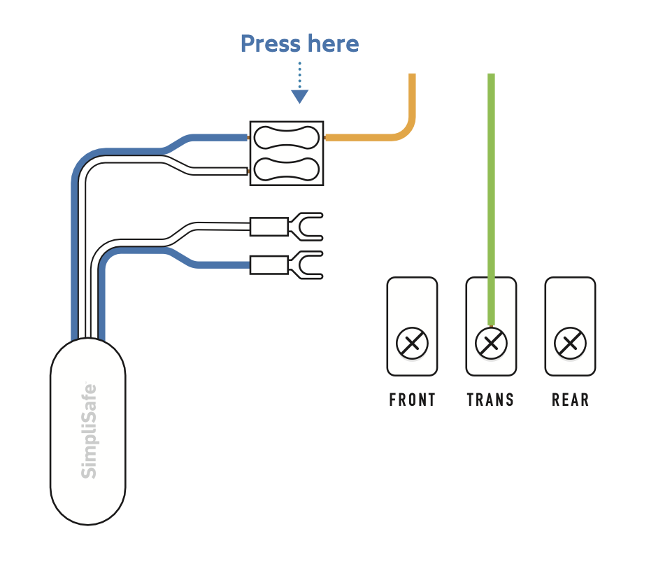 Diagram of SimpliSafe® chime connector with Doorbell Front wire in the doorbell terminal connected to chime connector.