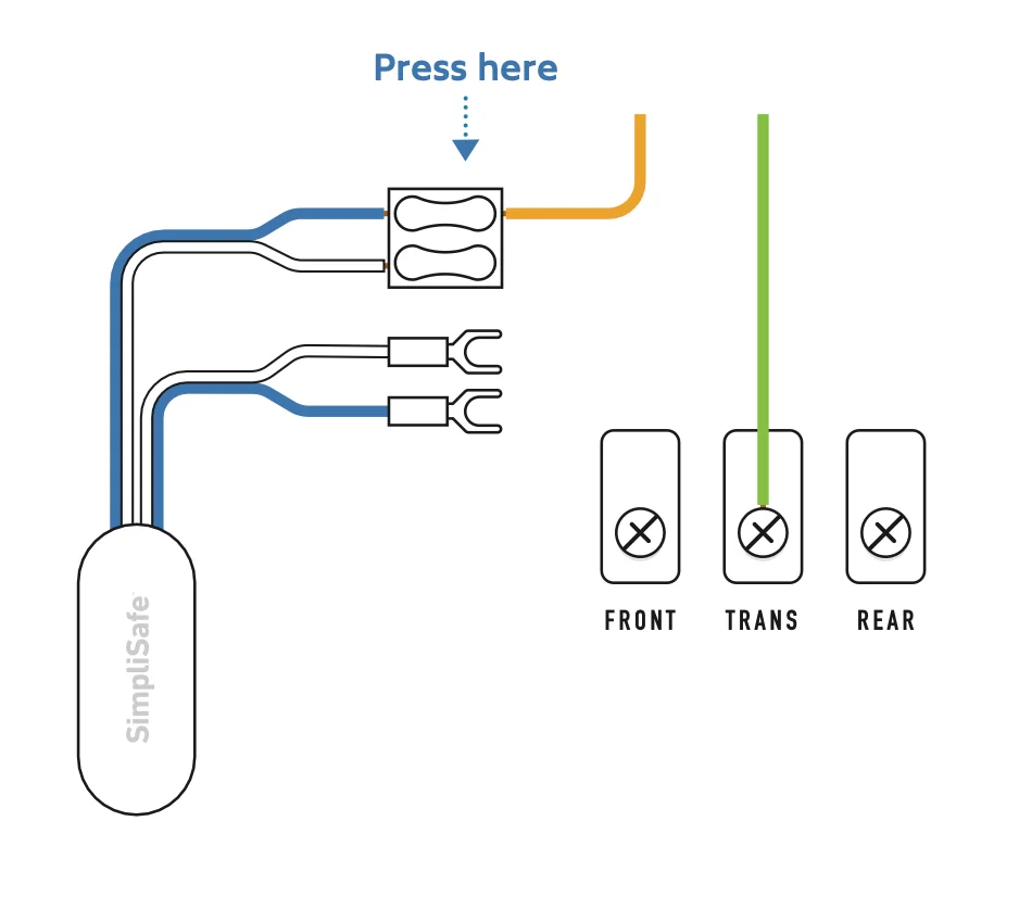 Diagram of SimpliSafe® chime connector with Doorbell Front wire in the doorbell terminal connected to chime connector.