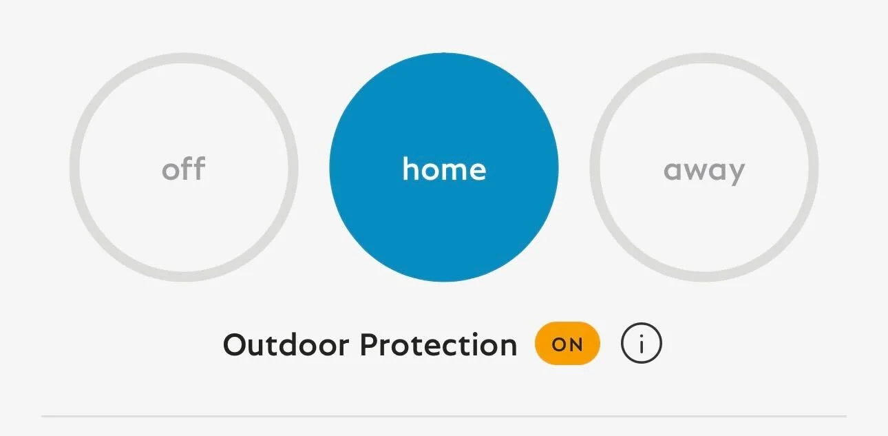 A snapshot of the Overview tab within the SimpliSafe® Mobile App. The system is set to Home mode, and there is a notation that Outdoor Protection is currently ON.