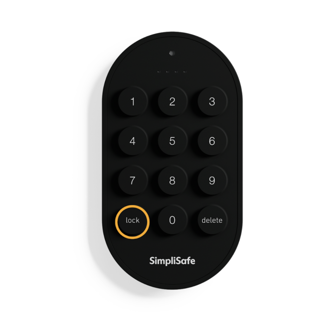 The Overview page of the SimpliSafe® Mobile App showing the Smart Lock's status as Locked.