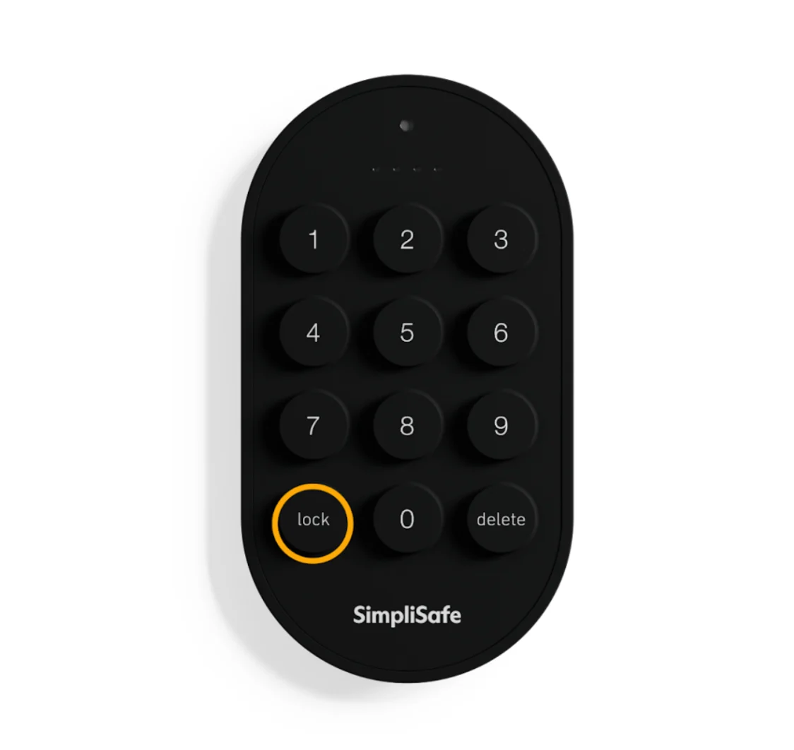 The Overview page of the SimpliSafe® Mobile App showing the Smart Lock's status as Locked.