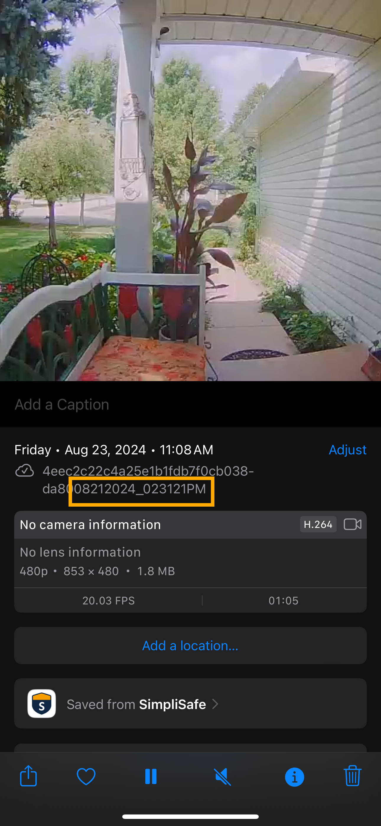 File name of a downloaded SimpliSafe® camera recording with timestamp highlighted.