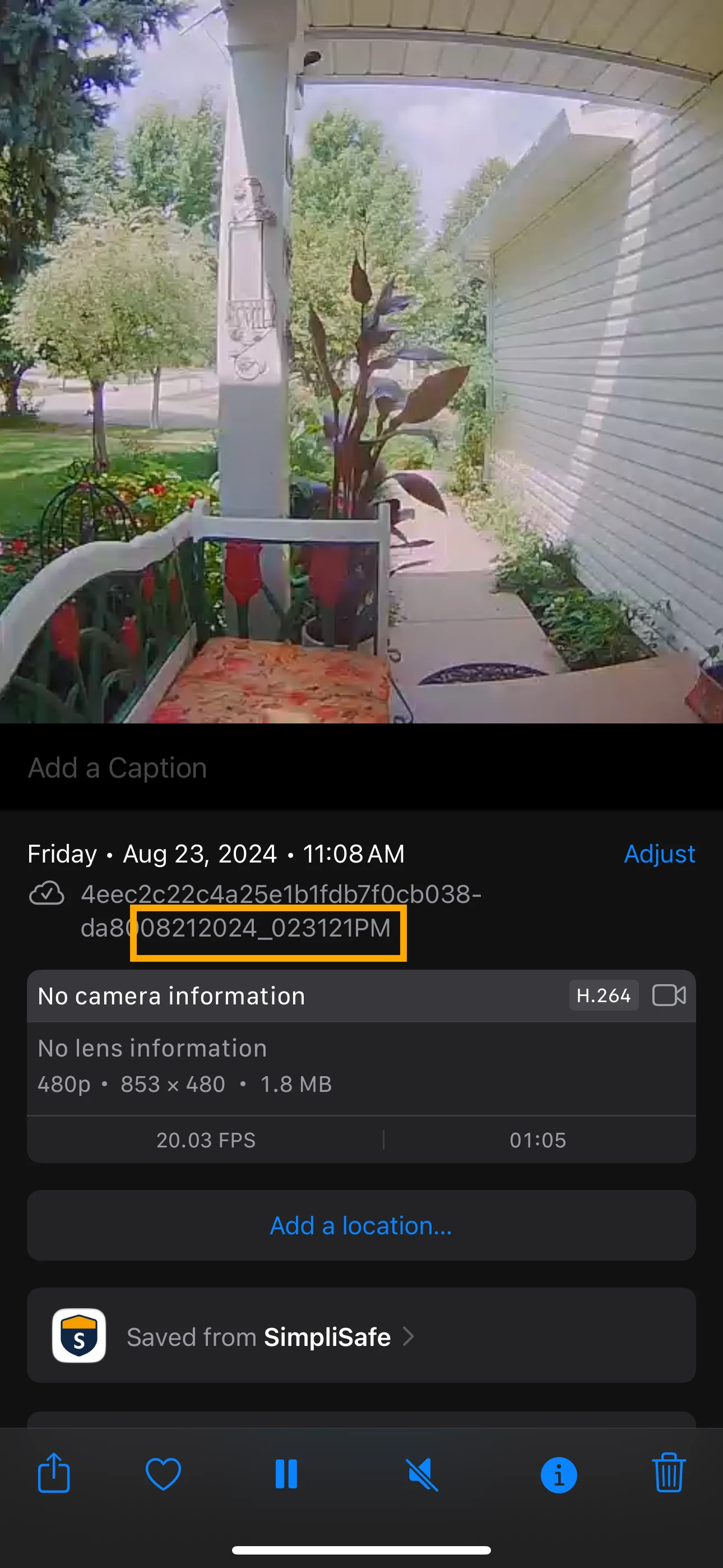 File name of a downloaded SimpliSafe® camera recording with timestamp highlighted.