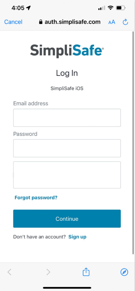 The login page of the SimpliSafe® mobile app featuring a white box underneath the password field